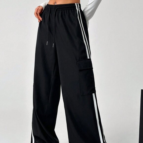 Black Casual Women's Drawstring Waist Striped Side Pocket Pants - Picture 5 of 6